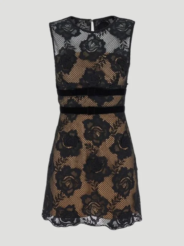 Lace Velvet Bow Mini Dress in Black Elegant Floral-Print Mini Dress