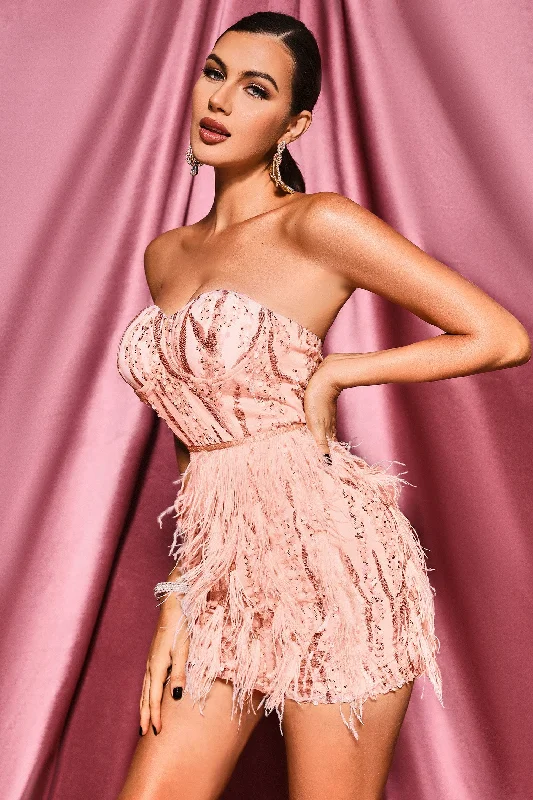 Pink Sequin Feather Mini Dress-  Miss Molly brand Comfortable Casual Mini Dress