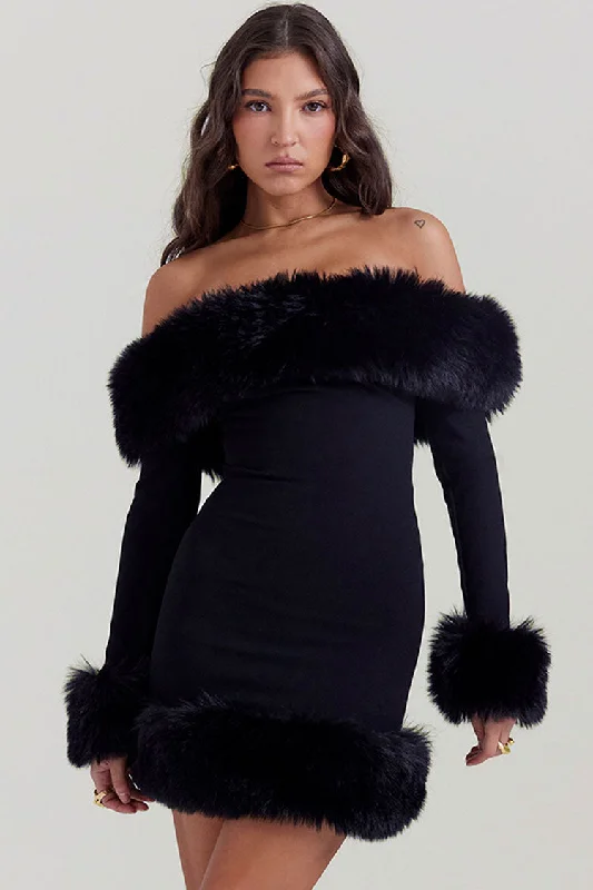 Sexy Faux Fur Off The Shoulder Long Sleeve Winter Bodycon Party Mini Dress - Black Trendy Bodycon Mini Dress Sexy Faux Fur Off The Shoulder Long Sleeve Winter Bodycon Party Mini Dress - Black Trendy Bodycon Mini Dress