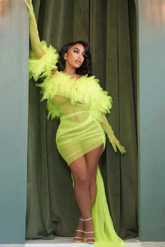 Sexy Gloved Ruffle Off Shoulder Draped Sheer Ruched Mesh Mini Dress - Neon Yellow Fashionable Mini Dress with Pockets Sexy Gloved Ruffle Off Shoulder Draped Sheer Ruched Mesh Mini Dress - Neon Yellow Fashionable Mini Dress with Pockets
