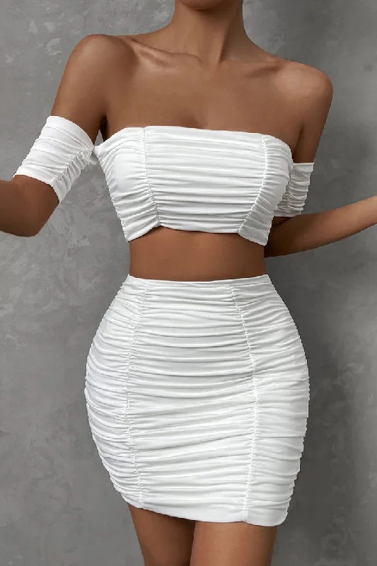 Sexy Off Shoulder Crop Top High Waist Ruched Two Piece Club Mini Dress - White Elegant Lace-Up Mini Dress Sexy Off Shoulder Crop Top High Waist Ruched Two Piece Club Mini Dress - White Elegant Lace-Up Mini Dress