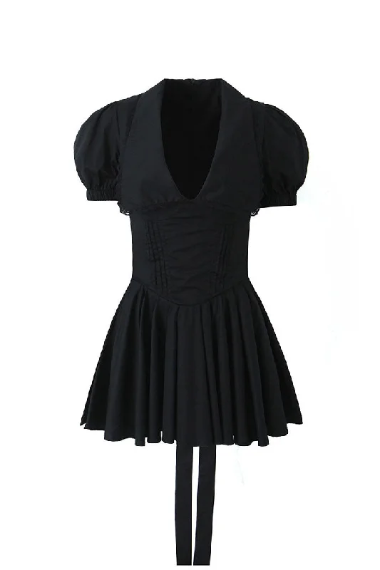 Sexy Plunge Collar Puff Sleeve Drop Waist Pleated Bow Tie Party Mini Dress Elegant Off-Shoulder Dress Mini Sexy Plunge Collar Puff Sleeve Drop Waist Pleated Bow Tie Party Mini Dress Elegant Off-Shoulder Dress Mini