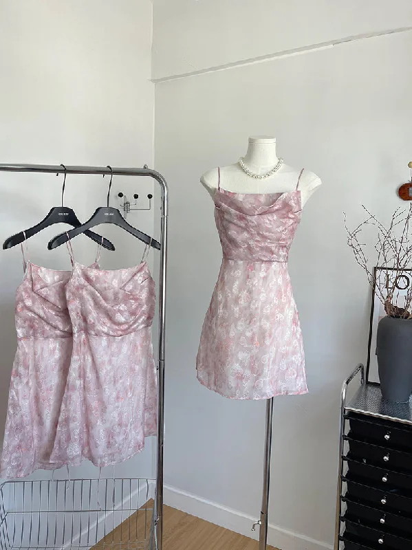 Spaghetti Straps Delicate Floral Pink Mini Dress Comfortable One-Shoulder Mini Dress Spaghetti Straps Delicate Floral Pink Mini Dress Comfortable One-Shoulder Mini Dress
