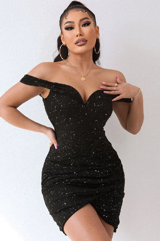 Sparkly Deep V Off The Shoulder Ruched Bodycon Party Mini Dress - Black Trendy Camisole Mini Dress Sparkly Deep V Off The Shoulder Ruched Bodycon Party Mini Dress - Black Trendy Camisole Mini Dress
