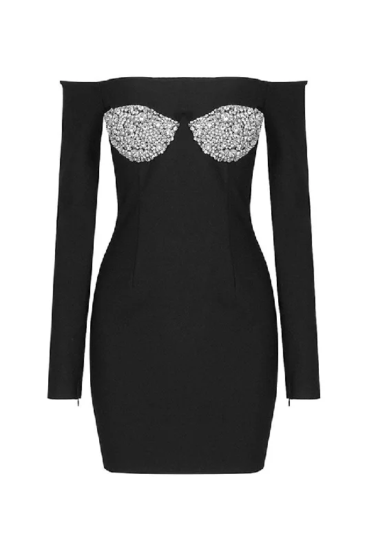 Sparkly Rhinestone Bra Off Shoulder Long Sleeve Bodycon Bandage Party Mini Dress Fashionable Off-Shoulder Mini Dress Sparkly Rhinestone Bra Off Shoulder Long Sleeve Bodycon Bandage Party Mini Dress Fashionable Off-Shoulder Mini Dress