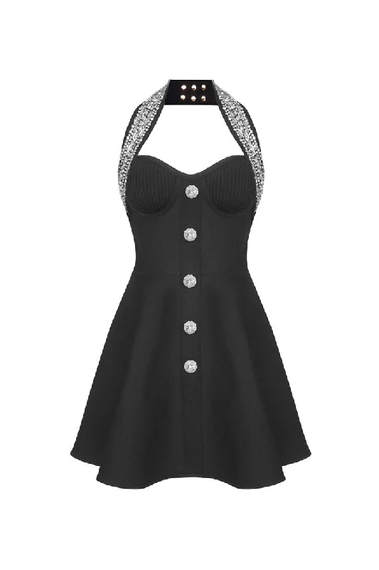 Sparkly Rhinestone Halter Ribbed Bustier Bandage Skater Party Mini Dress Comfortable Smocked Mini Dress Sparkly Rhinestone Halter Ribbed Bustier Bandage Skater Party Mini Dress Comfortable Smocked Mini Dress
