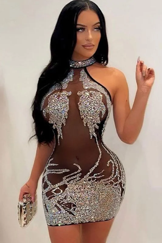 Sparkly Rhinestone High Neck Sleeveless Sheer Mesh Club Mini Dress - Black Stylish Ruffle Mini Dress Sparkly Rhinestone High Neck Sleeveless Sheer Mesh Club Mini Dress - Black Stylish Ruffle Mini Dress