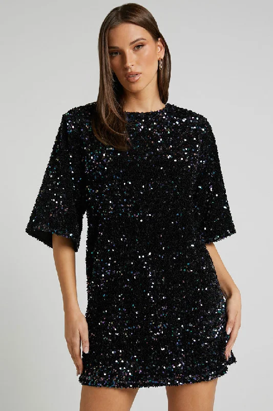 Sparkly Sequin Crew Neck Short Sleeve Oversized Velvet Party Mini Dress - Black Chic Bohemian Mini Dress Sparkly Sequin Crew Neck Short Sleeve Oversized Velvet Party Mini Dress - Black Chic Bohemian Mini Dress