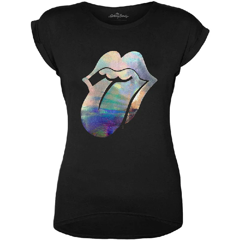 The Rolling Stones Ladies Fashion T-Shirt: Foil Tongue (Foiled Application) Collared Crew Neck Turtle Neck