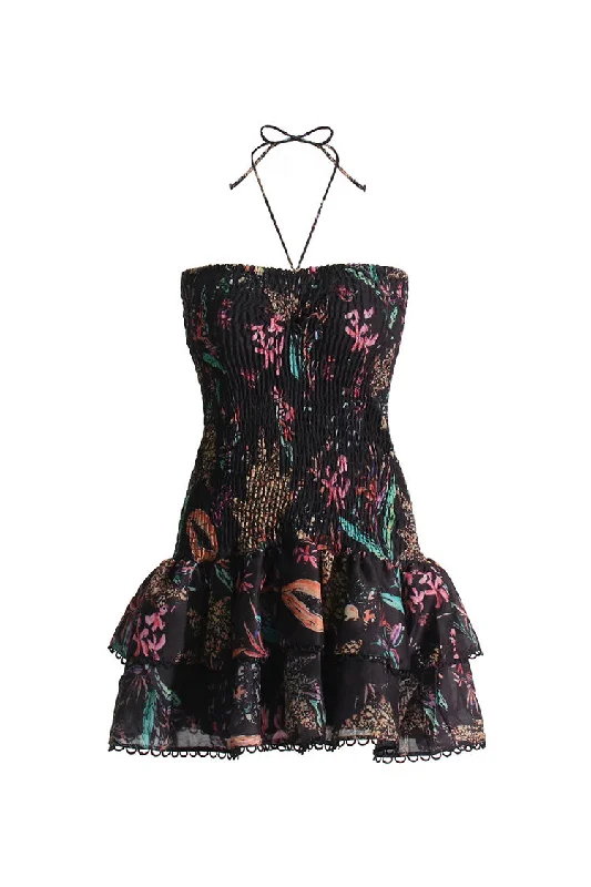Vintage Halter Tie Scalloped Strapless Smocked Ruffle Floral Print Mini Dress Chic Puff Sleeve Mini Dress Vintage Halter Tie Scalloped Strapless Smocked Ruffle Floral Print Mini Dress Chic Puff Sleeve Mini Dress