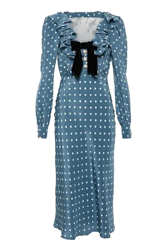 Vintage Ruffle Bow Trim Bishop Sleeve Chiffon Polka Dot Printed Midi Dress Chic Off-Shoulder Midi Dress Vintage Ruffle Bow Trim Bishop Sleeve Chiffon Polka Dot Printed Midi Dress Chic Off-Shoulder Midi Dress