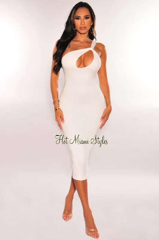 White One Shoulder Strap Keyhole Cut Out Midi Dress Fashionable High-Low Midi Dress