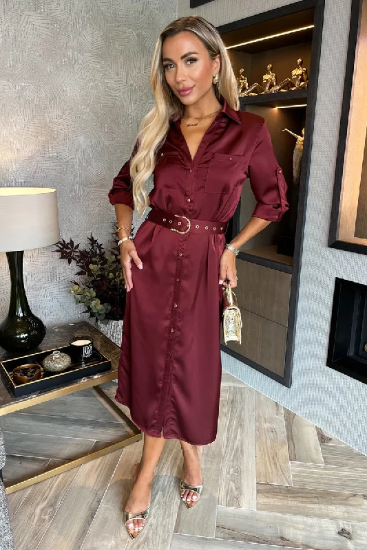 Wine Satin Belted 3/4 Sleeve Gold Buttons Shirt Midi Dress Trendy Boho Midi Dress