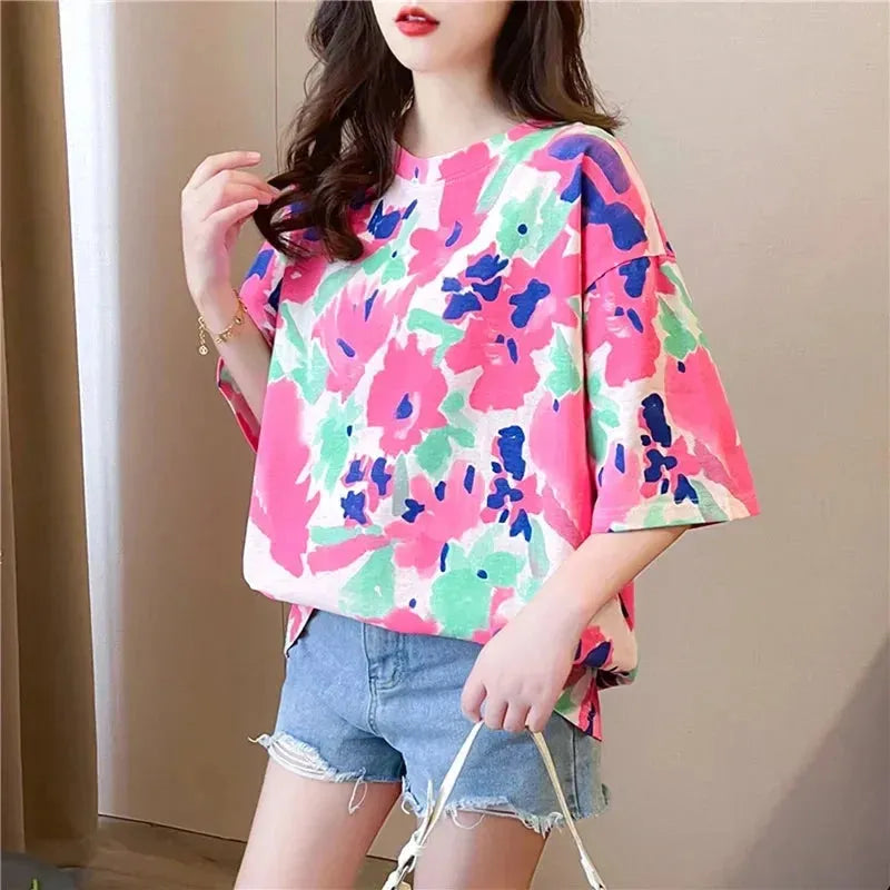 woman tshirts 2024 Summer oversized Women T-shirt korean style letter printed gr Nylon Fabric Polyester Fabric Spandex Fabric