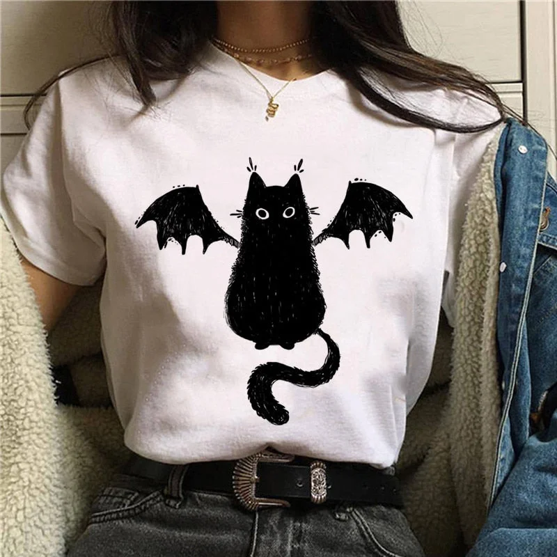 DressBetty - Women T-shirt Cartoon Cat Mushroom Halloween Print T-shirts Basic T-Shirt Crew Neck Short Sleeve