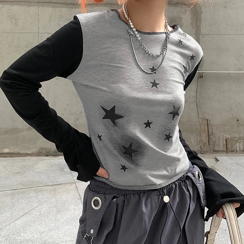 Lunivop Y2k Streetwear Graphic Star Print Y2K Splice Grunge Aesthetic Fairycore Tee Vintage Kawaii 2000s Harajuku Fairy Grunge Clothes Houndstooth Herringbone Solid