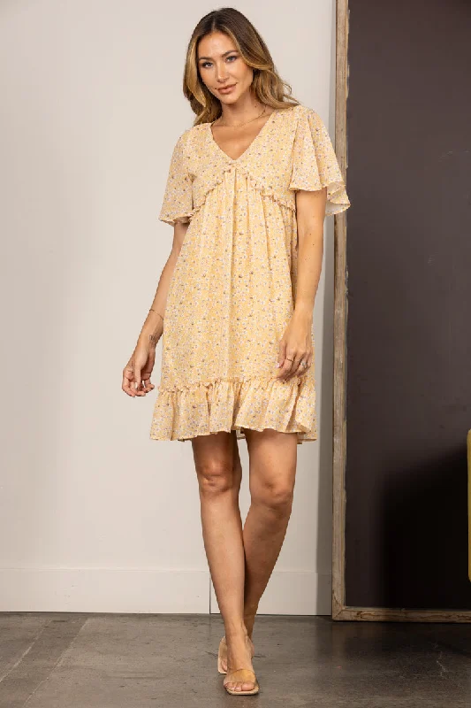 YELLOW CHIFFON FLORAL BELL SLEEVES RUFFLED MINI DRESS SD63921 Cozy A-Line Mini Dress YELLOW CHIFFON FLORAL BELL SLEEVES RUFFLED MINI DRESS SD63921 Cozy A-Line Mini Dress