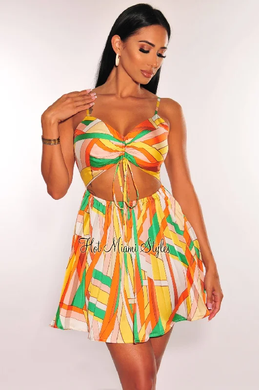 Yellow MultiColor Print Spaghetti Strap Ruched Cut Out Pleated Mini Dress Trendy A-Line Mini Dress Yellow MultiColor Print Spaghetti Strap Ruched Cut Out Pleated Mini Dress Trendy A-Line Mini Dress