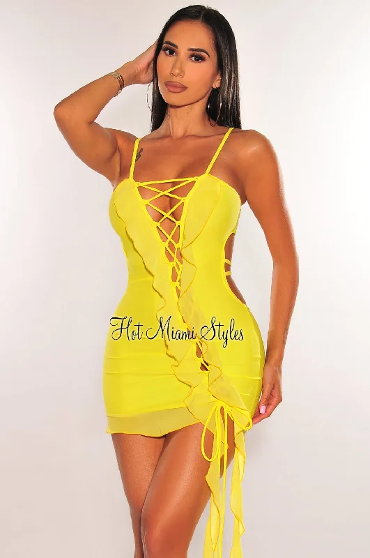 Yellow Spaghetti Straps Lace Up Ruffle Strappy Back Mini Dress Trendy Lace Mini Dress Yellow Spaghetti Straps Lace Up Ruffle Strappy Back Mini Dress Trendy Lace Mini Dress