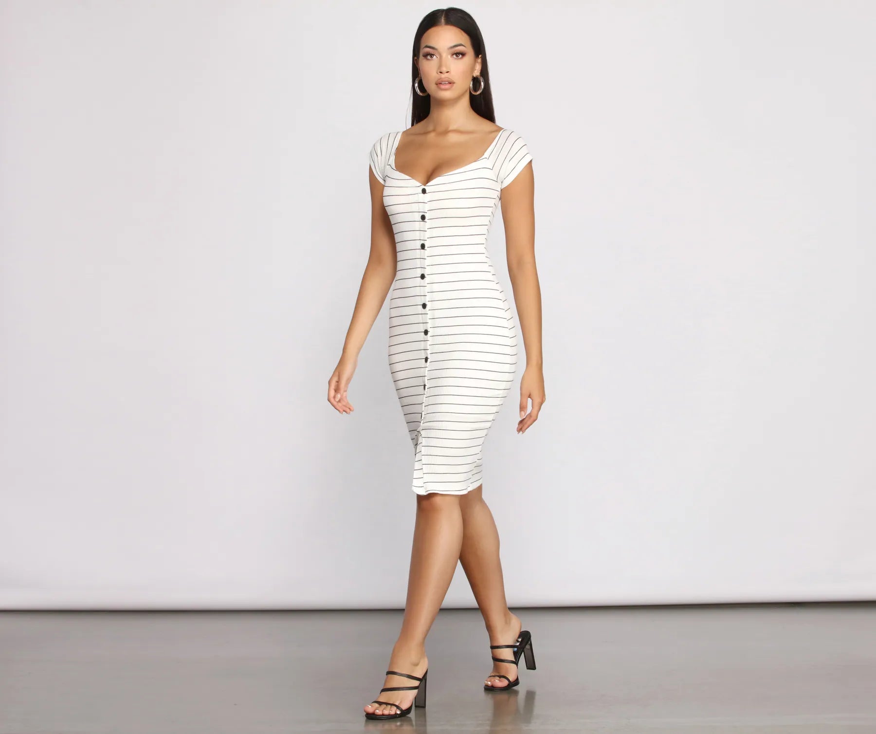 Stripe It Down Ribbed Button Down Midi Dress Elegant Faux Wrap Midi Dress