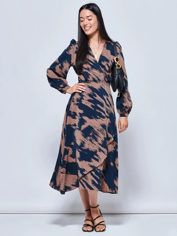 Abstract Print Sleeved Wrap Midi Dress, Abstract Multi Chic Floral Print Midi Dress