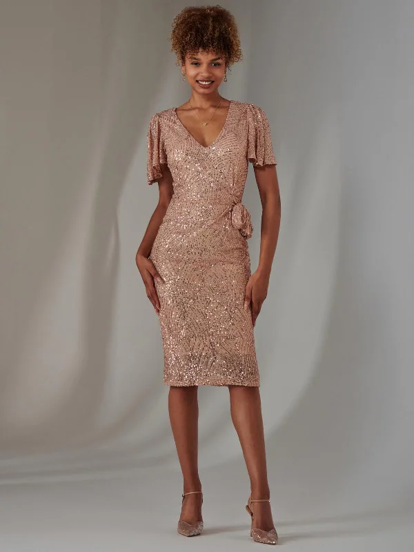 All Over Sequin Dress Midi Dress, Rose Gold Elegant Satin Button Midi Dress