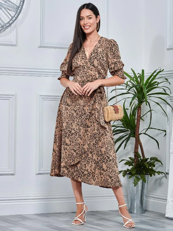 Animal Print Crepe Wrap Midi Dress, Stone Elegant Sleeveless Midi Dress