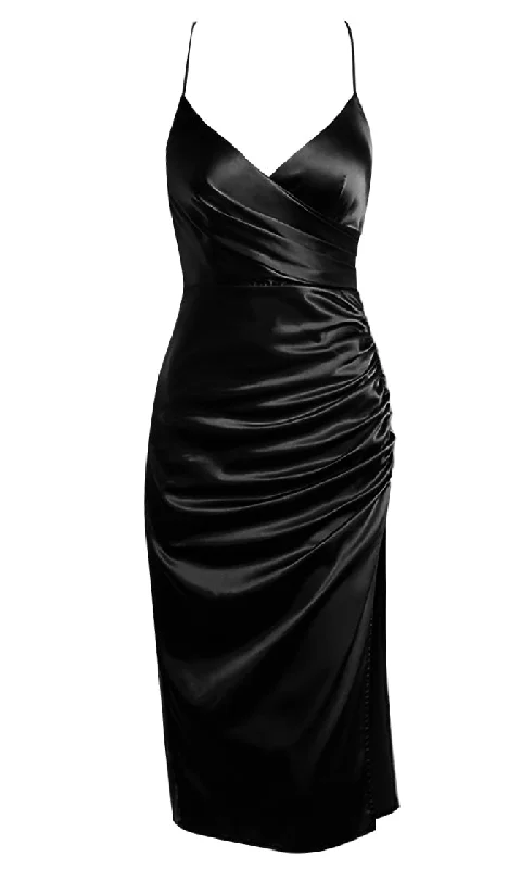 Best Bet Black Satin Sleeveless Spaghetti Strap Cross Wrap V Neck Side Slit Ruched Slip Midi Dress Stylish Tiered Midi Dress