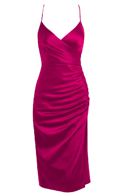 Best Bet Fuchsia Pink Satin Sleeveless Spaghetti Strap Cross Wrap V Neck Side Slit Ruched Slip Midi Dress Fashionable Fitted Midi Dress