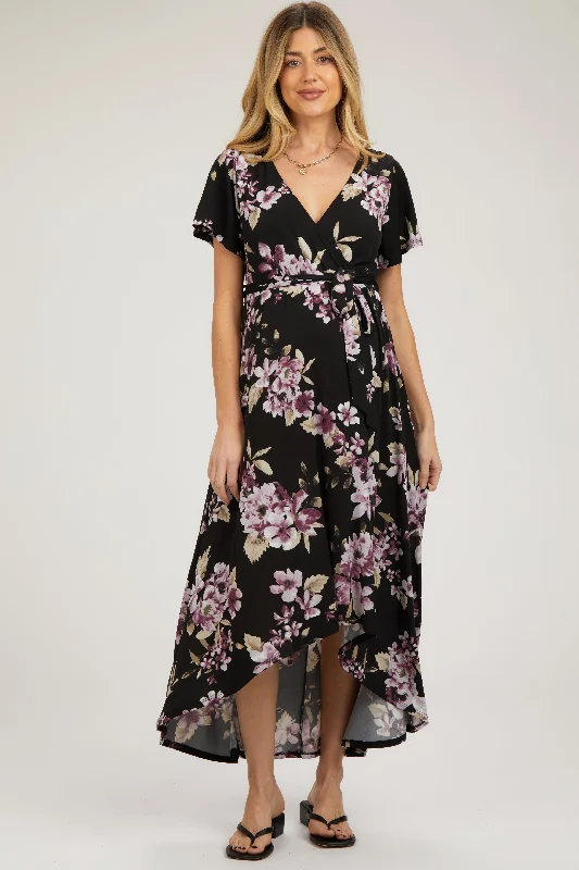 Black Floral Print Wrap Front V-Neck Hi-Low Maternity Midi Dress Comfortable Denim Midi Dress