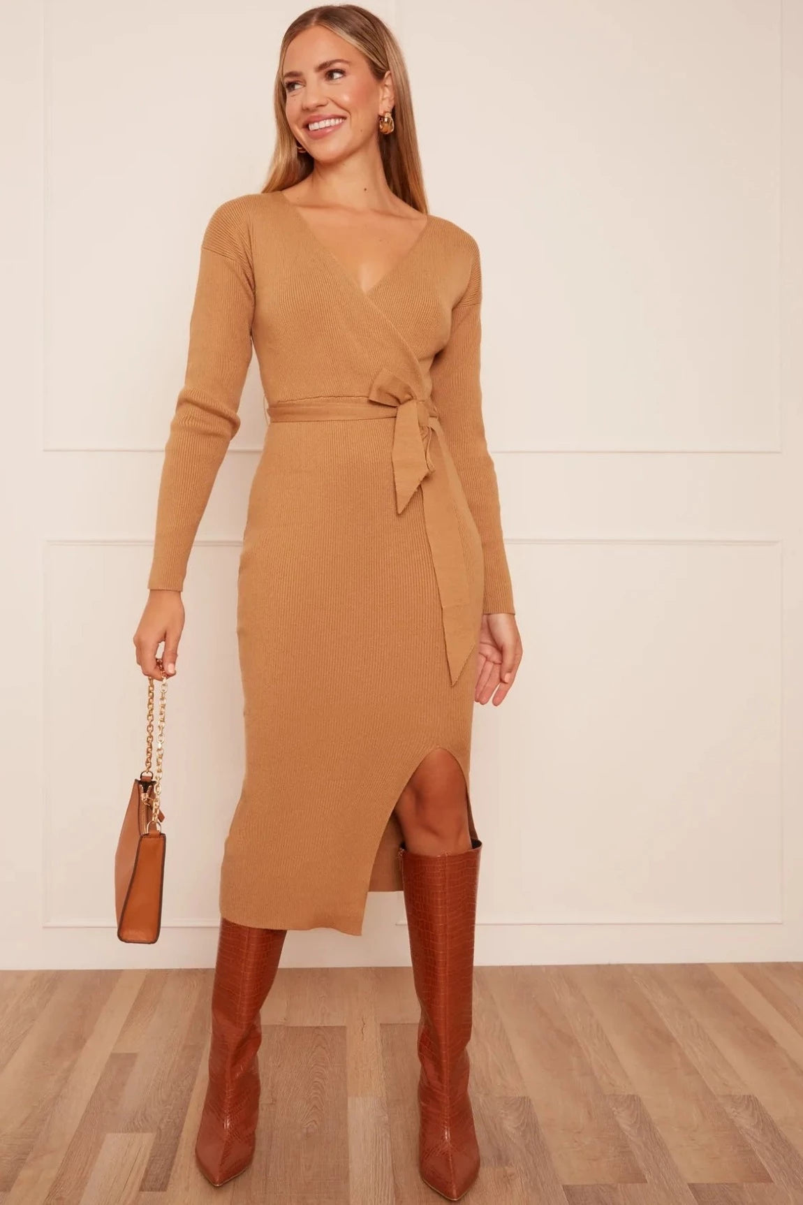 Chi Chi Wrap Split Side Knitted Midi Dress in Camel Comfortable Denim Midi Dress