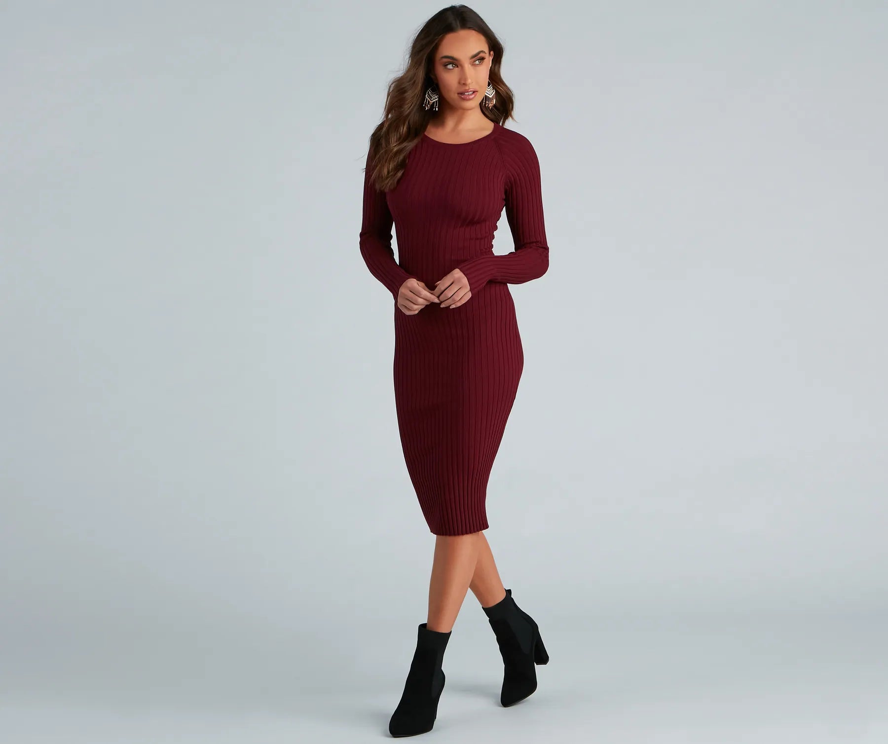 Chic Twist Long Sleeve Midi Dress Trendy Ruffle Hem Midi Dress