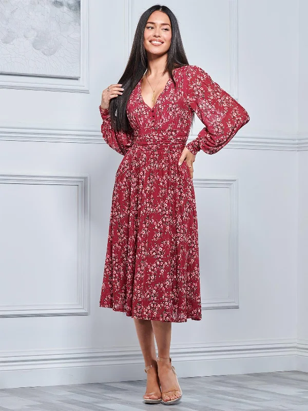 Jolie Moi Gianna Long Sleeve Mesh Midi Dress, Wine Floral Comfortable Geometric Print Midi Dress