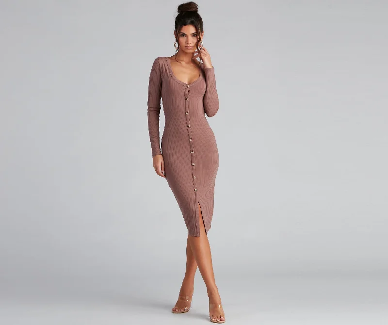 Cute As A Button V-Neck Midi Dress Cozy Ribbed Knit Midi Dress