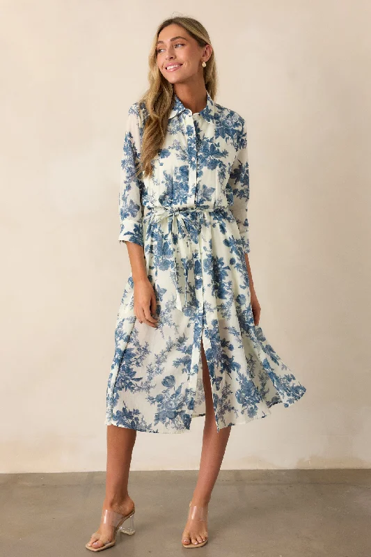 Dancing Dewdrops 100% Cotton Blue Floral Midi Dress Stylish Cold Shoulder Midi Dress