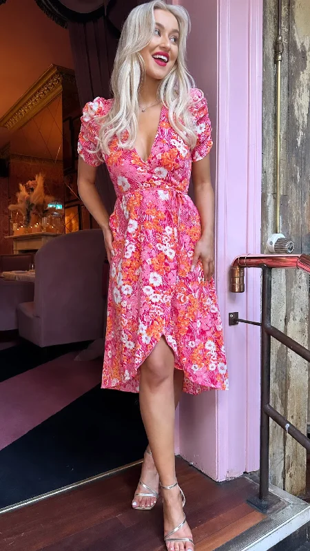 Drew Pink & Orange Floral Wrap Neck Puff Sleeve Midi Dress Stylish Button-Up Midi Dress