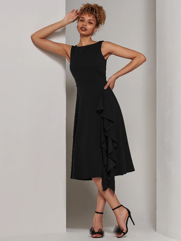 Haylen Frill Detail Midi Dress, Black Trendy Shift Midi Dress