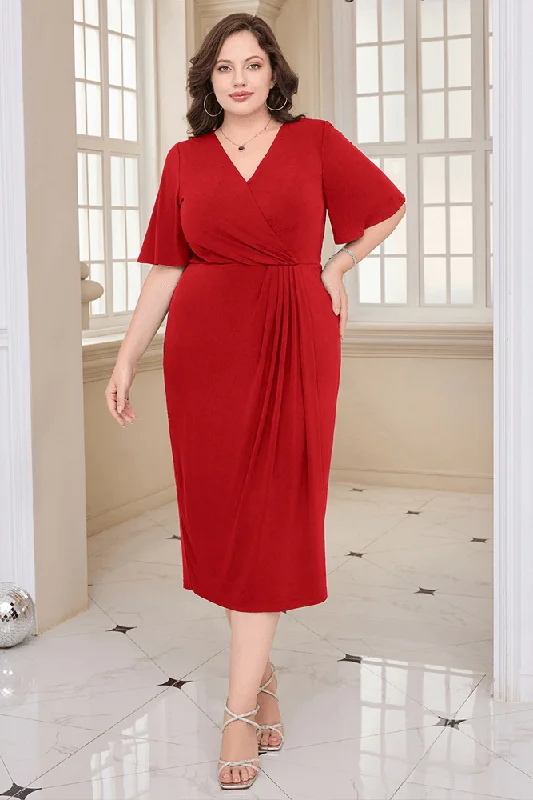 HN Wrap Casual Short Sleeve V-Neck Straight Midi Dress Elegant Satin Slip Midi Dress