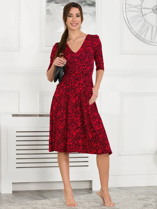 Jolie Moi Delylah V Neck Midi Dress, Red Animal Elegant Satin Midi Dress