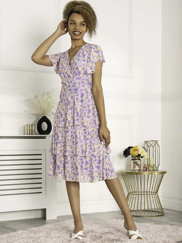 Jolie Moi Gabielle Tiered Midi Dress, Purple Floral Stylish Vintage Midi Dress