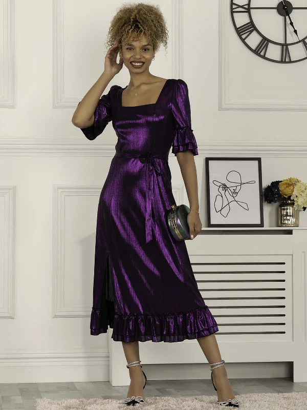 Jolie Moi Janice Square Neck Frill Midi Dress, Dark Purple Stylish Button-Up Midi Dress