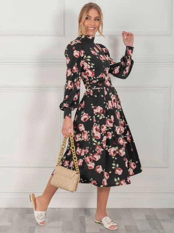 Jolie Moi Kathryn Long Sleeve Midi Dress, Black Floral Trendy Off-Shoulder Button Midi Dress