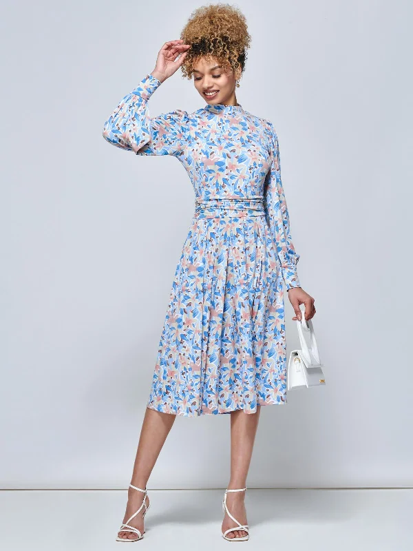 Jolie Moi Vesper Long Sleeve Midi Dress, Blue Floral Trendy Boho Midi Dress