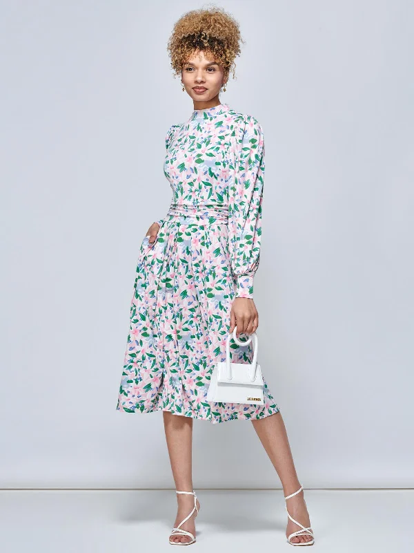 Jolie Moi Vesper Long Sleeve Midi Dress, Pink Floral Stylish High-Waisted Midi Dress