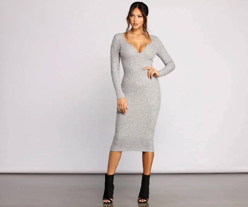 Keepin' Knit Simple Ribbed Midi Dress Trendy Off-Shoulder Button Midi Dress