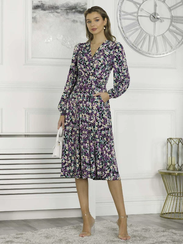 Libby Long Sleeve Midi Dress, Purple Floral Trendy Smocked Waist Midi Dress