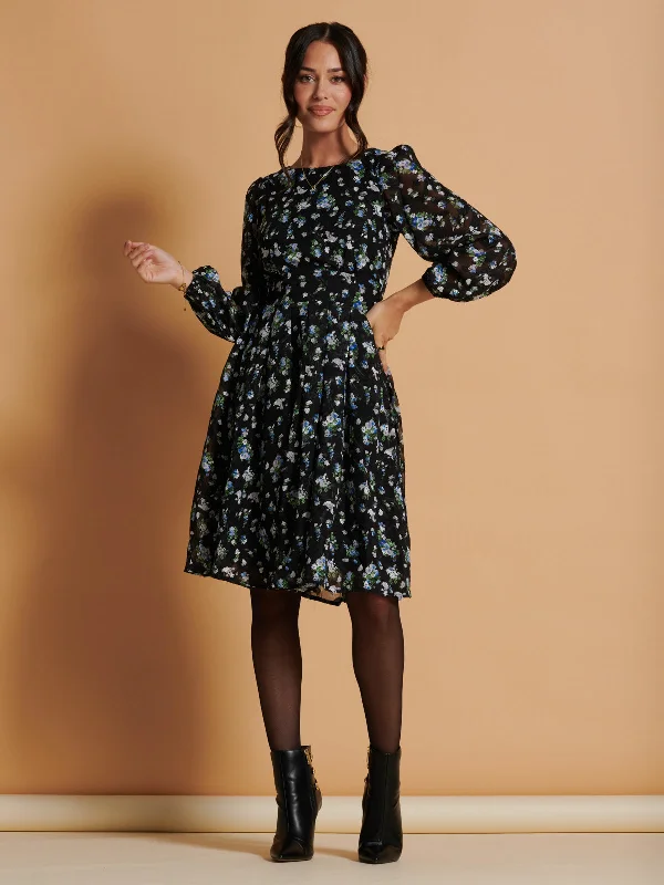 Long Sleeve Chiffon Midi Dress, Black Floral Elegant Sleeveless Midi Dress