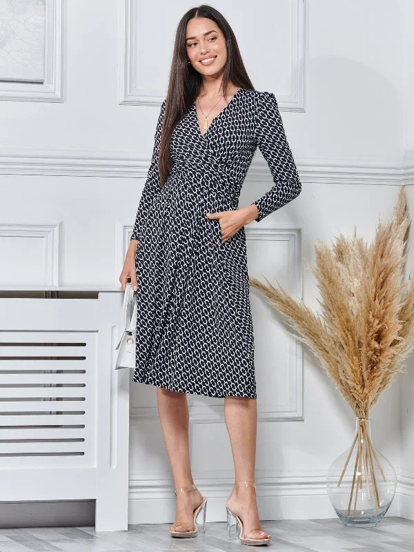 Long Sleeve Jersey Midi Dress, Black Geo Elegant V-Neck Midi Dress