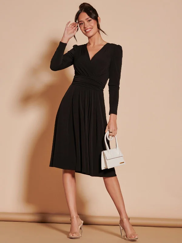 Long Sleeve Pleated Jersey Midi Dress, Black Comfortable Button Front Midi Dress