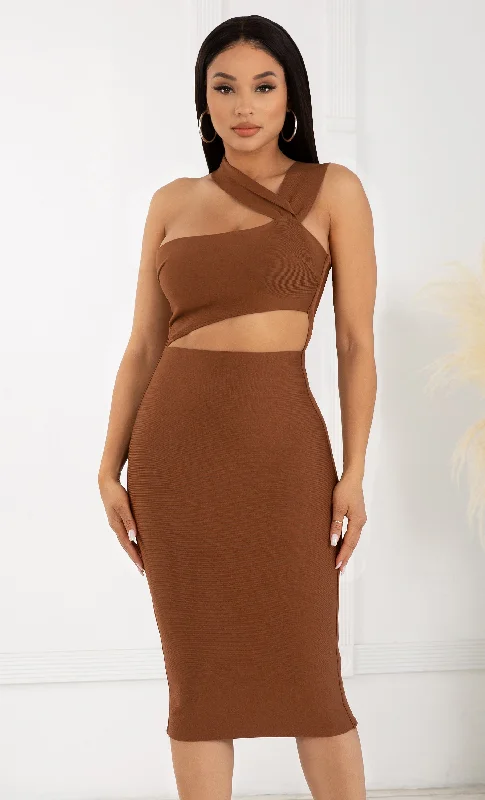 Love Me Right Brown Side Cut Out One Shoulder Bandage Sleeveless Bodycon Wrapped Shoulder Pencil Midi Dress Fashionable Shift Midi Dress